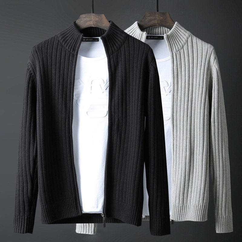 Handsome cardigan sweater men's jacket zipper knitted sweater large size spring and autumn youth trend sanitary clothing Korean version turtleneck plus velvet