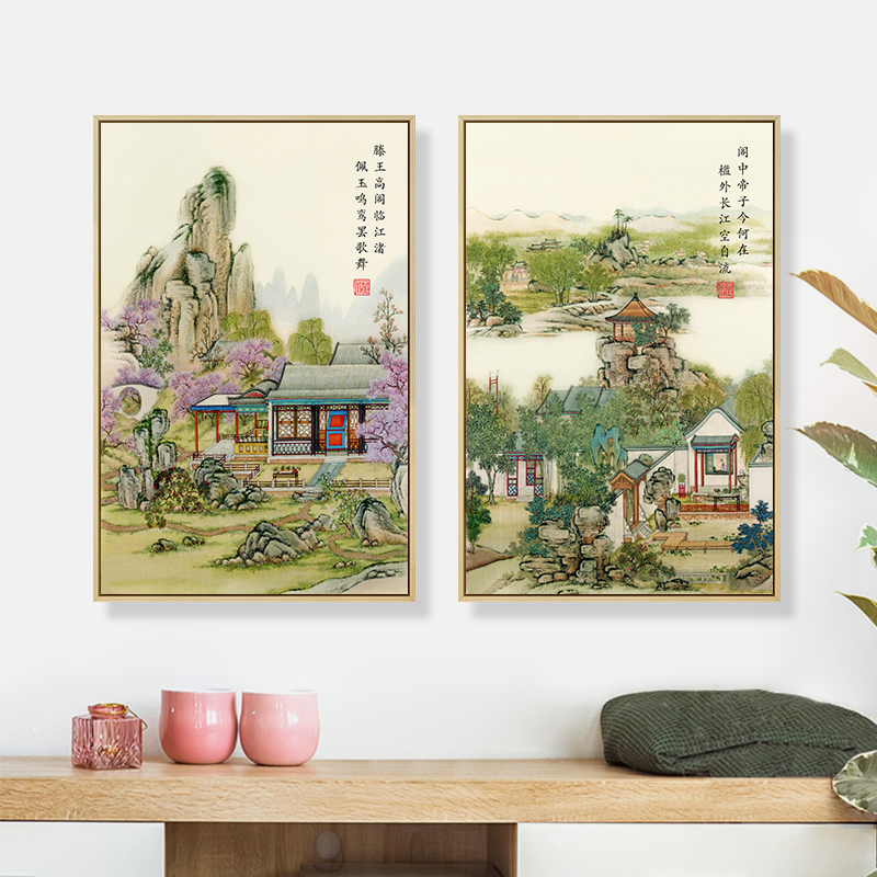 Chen's landscape building loft cross embroidered 2022 new living room atmosphere Xuanguan vertical version scenery country painting book house office