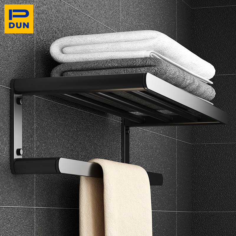 No-Drill Towel Rack Bathroom Storage Shelf Wall-Mounted Black Space Aluminum Light Luxury Style Washroom Toilet