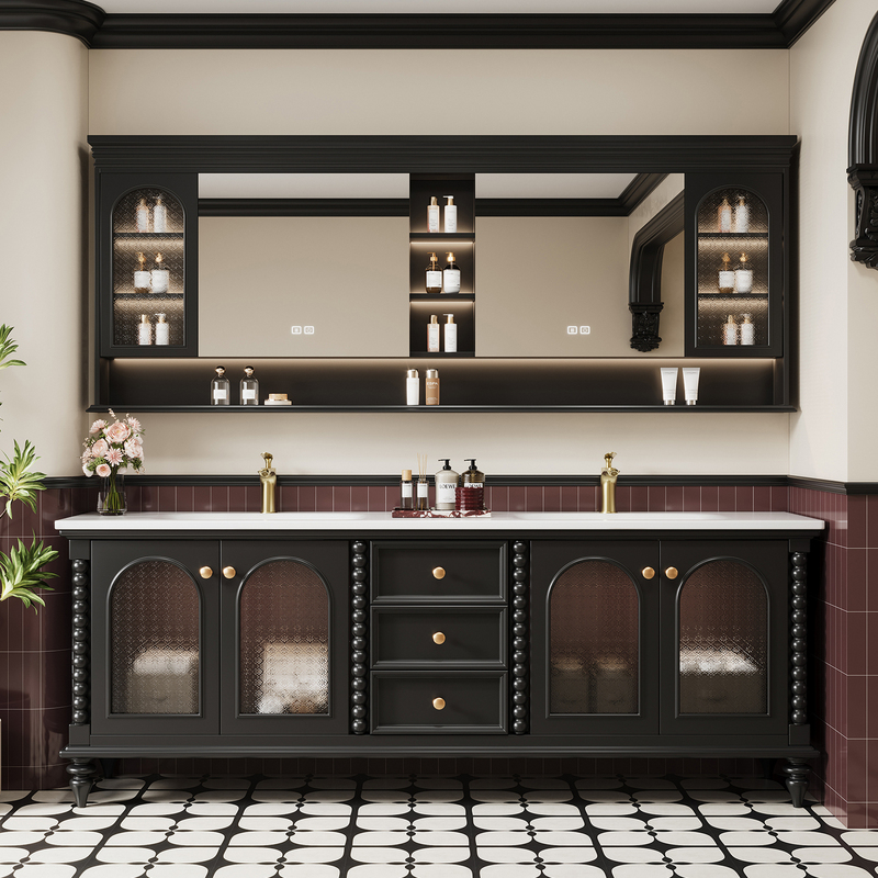 Large-Sized French-Style Vintage Oak Bathroom Cabinet Set with Double Basin, Floor-Standing Washbasin Cabinet Large-Sized French-Style Vintage Oak Bathroom Cabinet Set with Double Basin, Floor-Standing Washbasin Cabinet