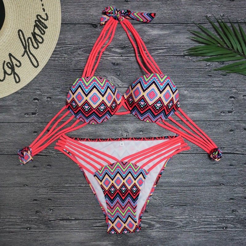 Strap multi-rope hollow sexy high fork thong two-piece triangle gathered three-point steel drag bikini women's swimsuit