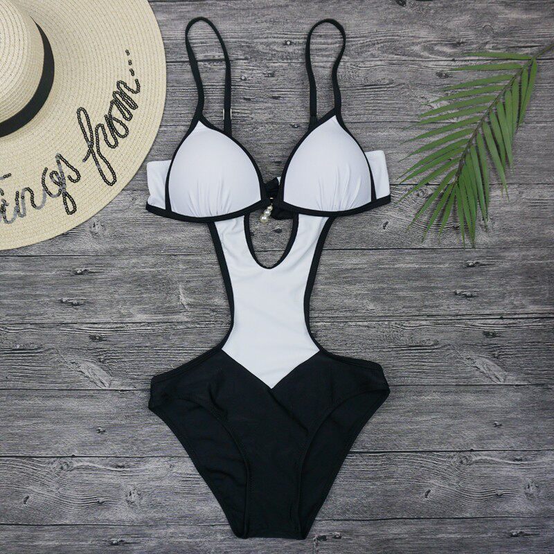 Sexy charm black and white elegant catwalk Europe and the United States Three-point one-piece bikini bikini women's swimsuit gathered swimsuit