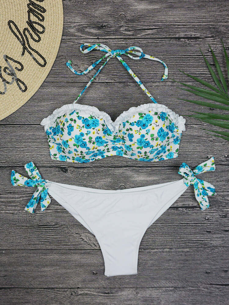 Broken Flowers High Open Fork Tinged Pants Bikini Honey Peach Hip Sexy Semi-Wrapped Hip Steel Care Lace Cute Bikini Swimsuit