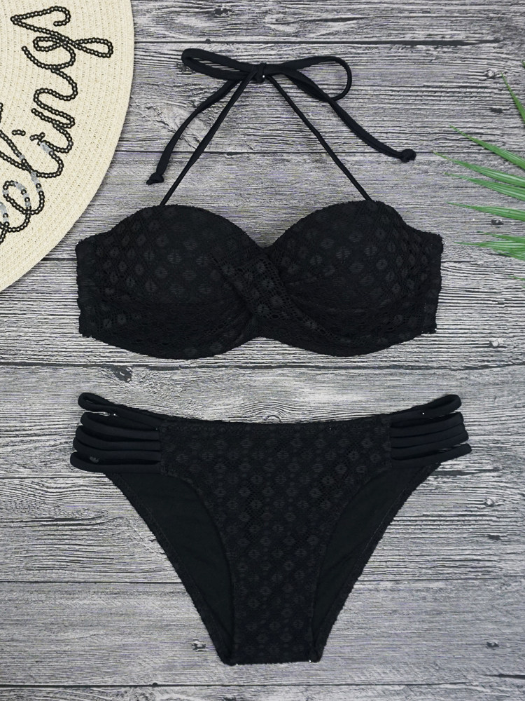 bikini swimsuit thin cup steel tray seaside knitted Korean sexy black new bandeau big chest bikini swimsuit