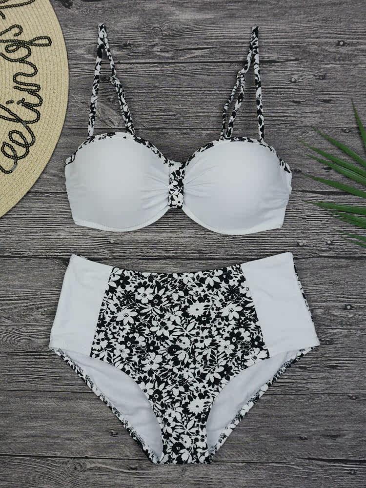 High waist conservative comfort large size steel Care Belly Comfort Two Style Beach Fresh white bikini Female swimsuit swimsuit