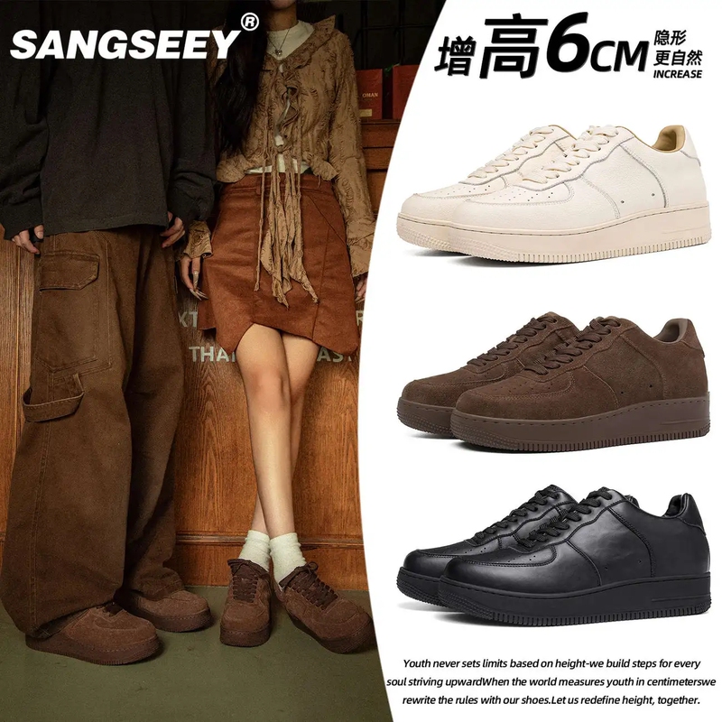Sangseey Genuine Leather Cowhide Air Force One 6cm Invisible Inner Height Increase Versatile Trendy Sports Casual Sneakers