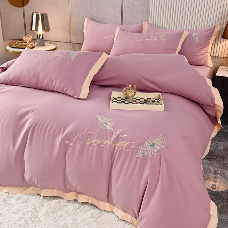 100% skin-friendly girl cotton four-piece set solid color embroidery bed ins naked sleeping quilt cover pure cotton fitted sheet 4
