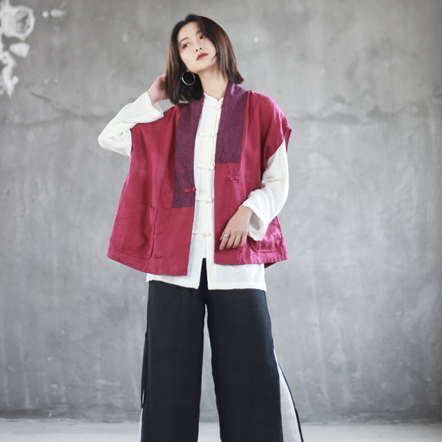 ພາກຮຽນ spring ແລະດູໃບໄມ້ລົ່ນ Retro Linen ສັ້ນ Jacket ແບບຈີນແຜ່ນ Disc Button Cardigan Sleeveless Top Single Layer Vest Loose Vest