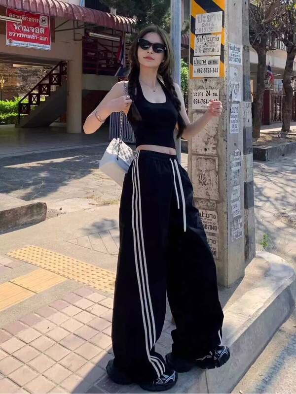 High Street Black Striped Casual Sports Pants for Women, Summer American-Style Quick-Dry Design with Three Stripes, Straight Wide-Leg Pants