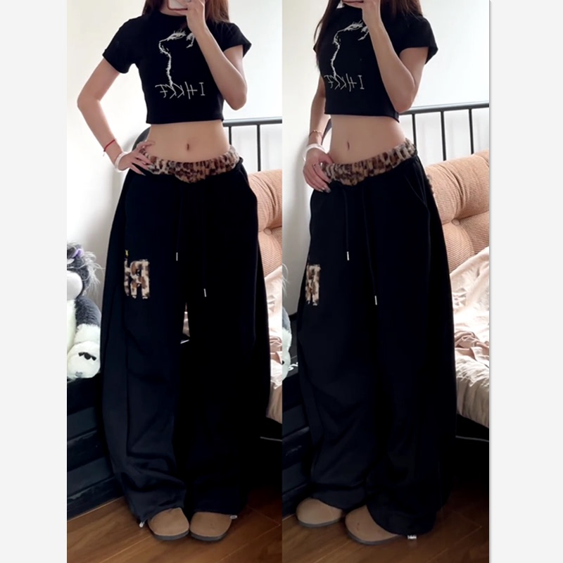 American Hip-Hop Jazz Dance Leopard Print Embroidered Casual Pants for Women, Autumn Patchwork Sports Parachute Pants, Scimitar Wide-Leg Trousers
