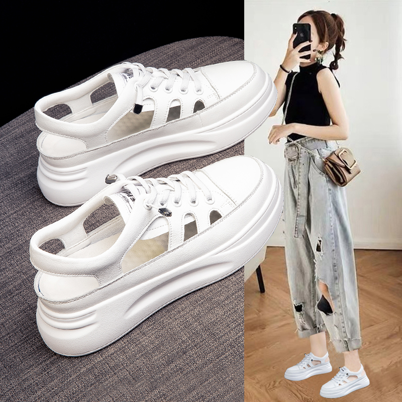 Baotou thick bottom sandals women's summer 2022 new net red leather soft bottom hollow flat casual white shoes