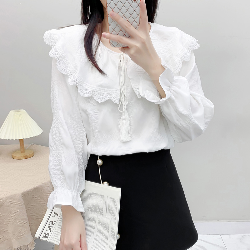 Snowspun Shirt Design Sensation Little Crowned Spring 2022 New Lace Dolls Collar Blouses Looser Foreign Pie 100 Hitch Undershirt