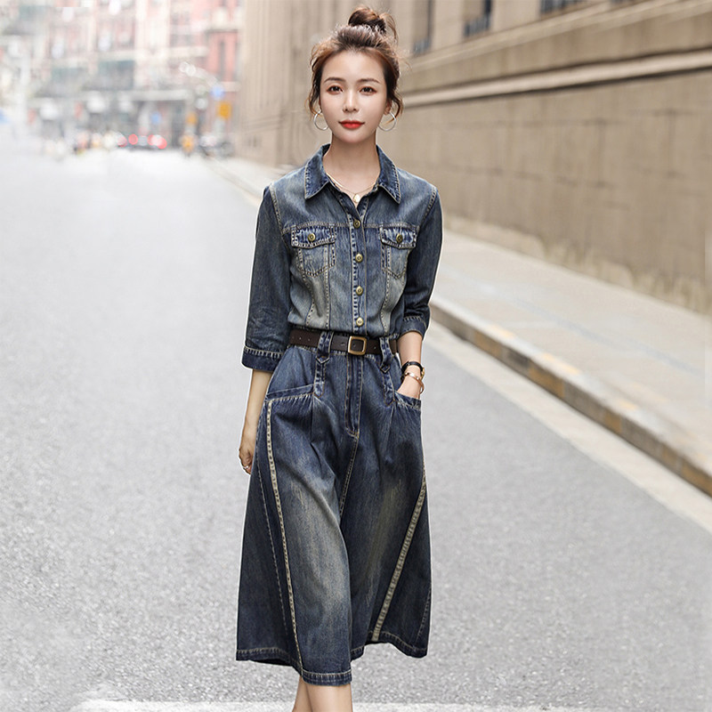 Denim dress for women's spring autumn 2022 Early spring new collection waist and body slim temperament high-end even body dress