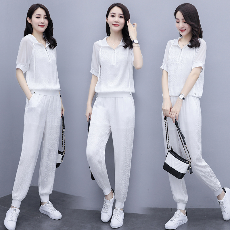 Ice Silk Snowspun Suit Women 2022 Summer Dress New Fashion Foreign Pie Age Senior Feel Casual Short Sleeve Two-piece Set