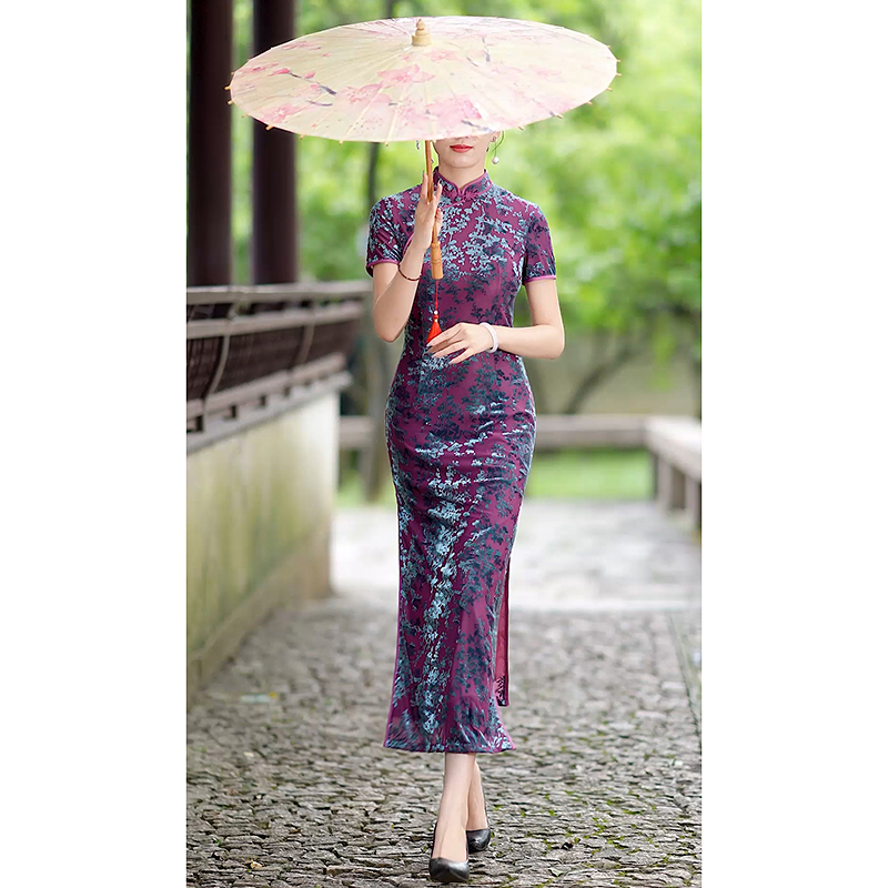 Purple cheongsam, lightweight elite fitted long retro summer rostometer Purple cheongsam, lightweight elite fitted long retro summer rostometer