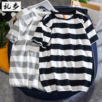 Chao Tide brand mens short sleeve T-shirt summer mens dress shirt trend black and white striped shirt youth loose half sleeve
