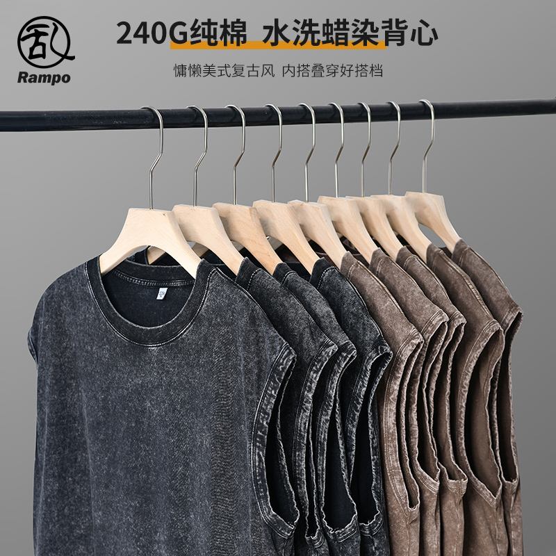 240g Pure Cotton European and American High Street Hip-Hop Washed Vintage Casual Vest Oversize Sleeveless Tank Top T-Shirt for Men
