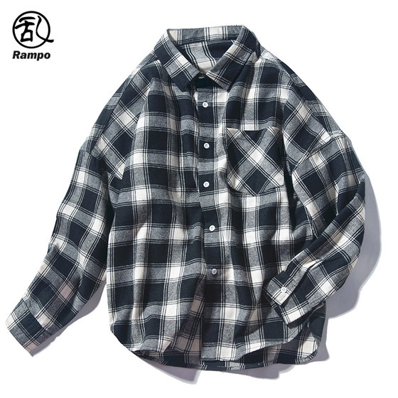 Black and white plaid shirt men's Korean style trend casual youth couple shirt clothes handsome all-match brushed coat