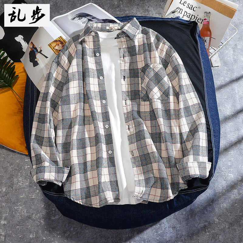 Spring and autumn port wind ins plaid shirt Men's long-sleeved Korean slim jacket casual student couple trend shirt