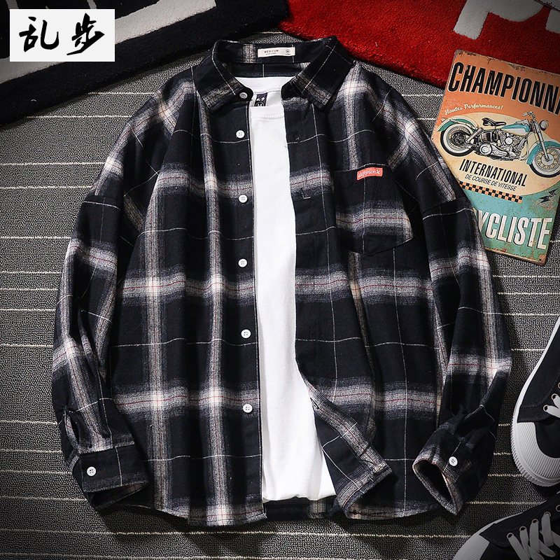 ins plaid shirt jacket man long sleeve Korean version trendy easy harbor wind lining now student eroy dress shirt