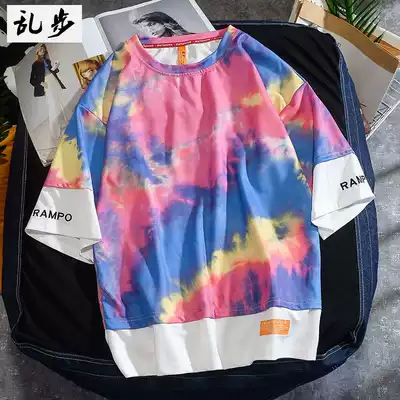 Japanese Harajuku wind tie-dyed rainbow T-shirt short sleeve boys half sleeve trend big size loose fake two pieces seven-point sleeve