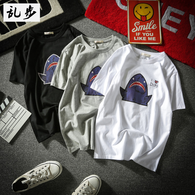 Ins super hot T-shirt short sleeves Japanese vintage cartoon shark print mens t-shirt Hong Kong style student class uniform