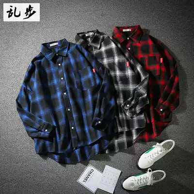 Blue and black plaid shirt jacket men long sleeve Korean version of the trend Art Harajuku casual front short back long shirt students