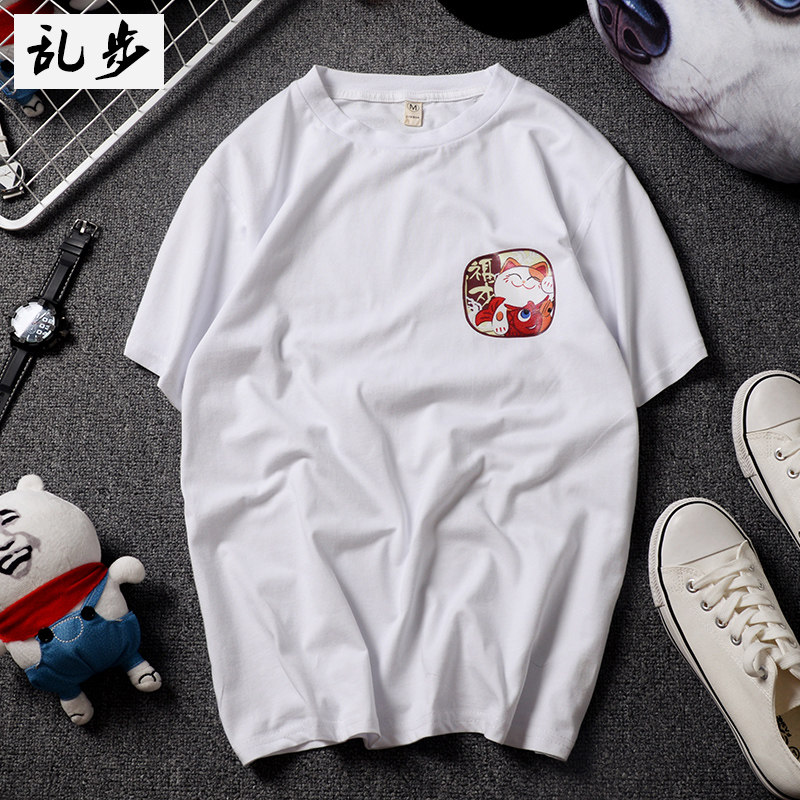 Japanese Harajuku Lucky Cat printed round neck short-sleeved T-shirt Korean version of men and women lovers new cotton T-shirt small shirt