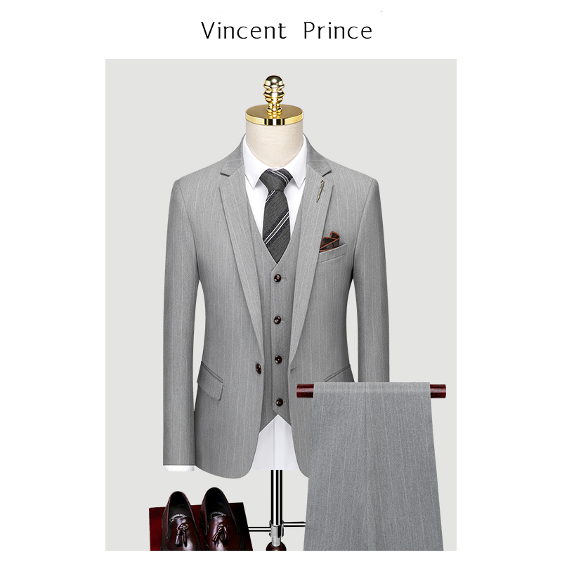 Suit suit suit men's three-piece Korean slim Ruffian striped small suit professional dress groom wedding dress