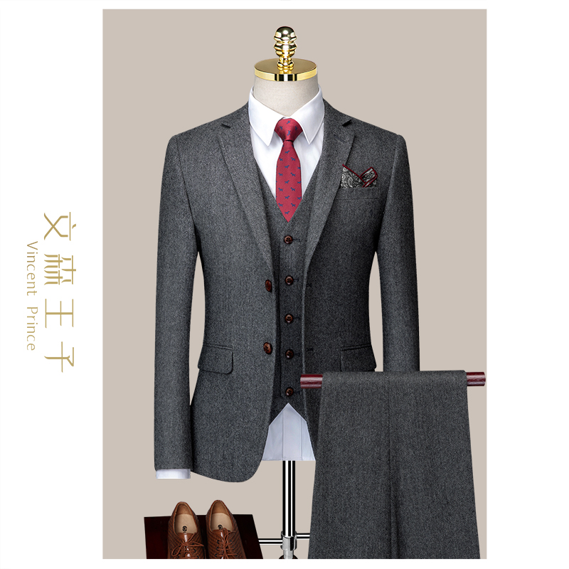 Wool suit suit men's three sets of groom wedding gown The Korean version repairs the autumn winter grey casual suit man