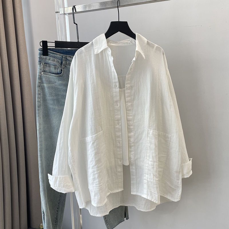 Double-Layer Cotton Gauze Long-Sleeve Shirt for Women, Sun-Protective Cardigan, Summer 2026 Layering, Double Pocket, Solid Color, Outerwear White Shirt, Early Autumn Double-Layer Cotton Gauze Long-Sleeve Shirt for Women, Sun-Protective Cardigan, Summer 2026 Layering, Double Pocket, Solid Color, Outerwear White Shirt, Early Autumn