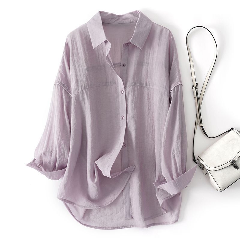 Japanese-Style Light Luxury Spring and Summer New Loose Breathable Faux Tencel Long-Sleeve Shirt with a Sense of Design, Casual Shirt, Sun Protection Clothing for Women