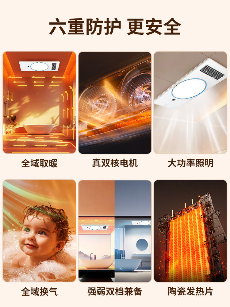Dual-Wind Warm Air Bath Heater Lamp Integrated Ceiling Fan Ventilation Lighting Exhaust Fan All-In-One Bathroom Heater