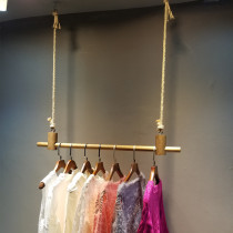 Clothing store display rack ring hanger wooden stick retro Wall clothing rack hanging ceiling hemp rope display shelf