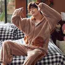 Korean mens pajamas coral velvet winter cartoon thickened warm youth autumn and winter flannel home suit