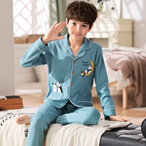 Chinese childrens pajamas male and young junior high school students Spring and Autumn long sleeve cotton big boy thin home clothing set