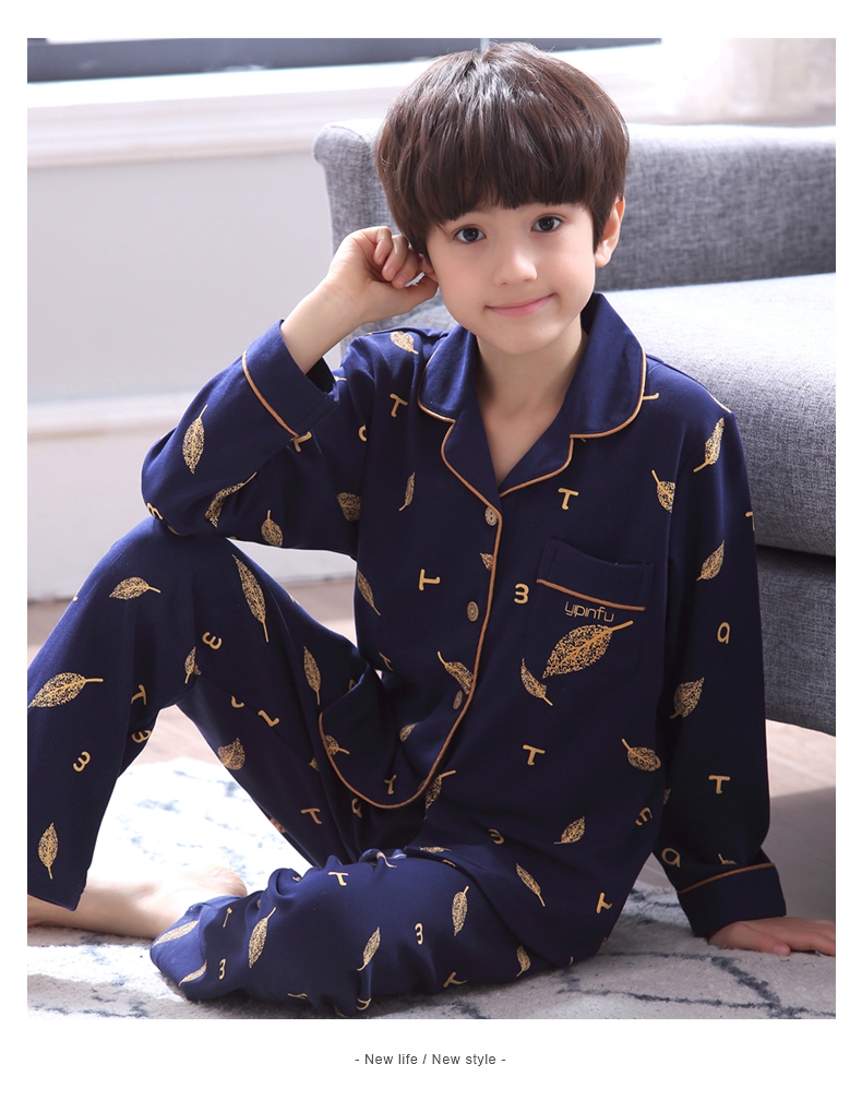 Bộ đồ ngủ thiếu niên nam cotton dài tay mùa xuân và mùa thu phù hợp với mùa đông thời trang nữ