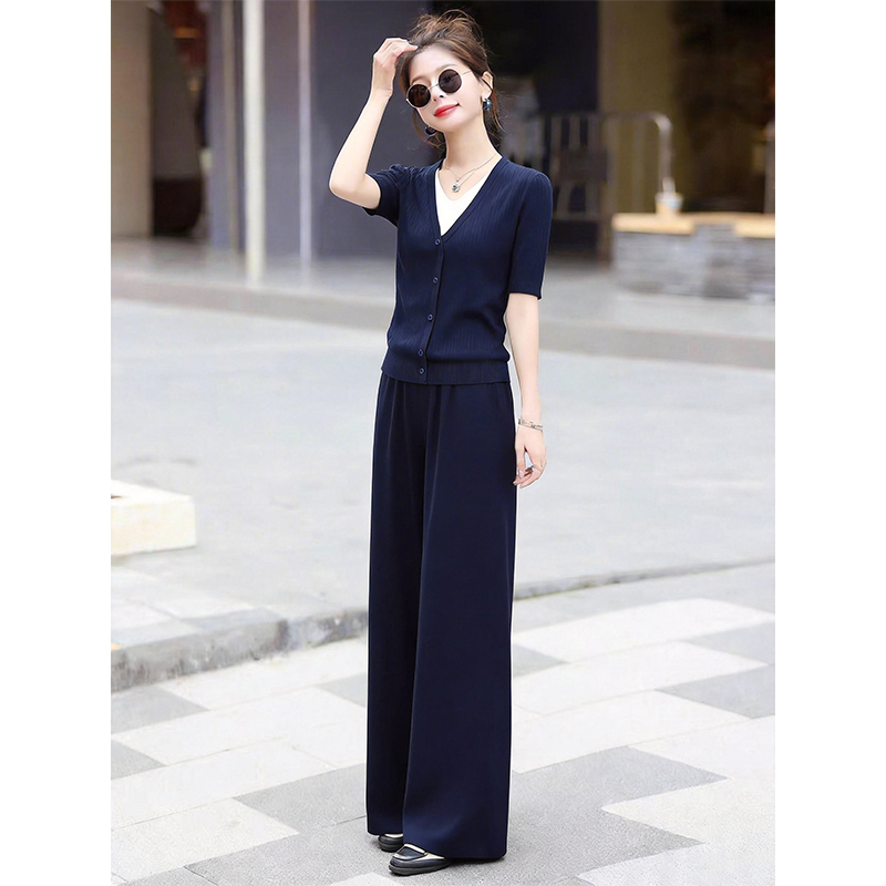 Navy Blue Fashion Suit for Women 2026 French Style Age-Reducing Two-Piece Short-Sleeved Long Pants Summer Outfit Complete Set Trendy