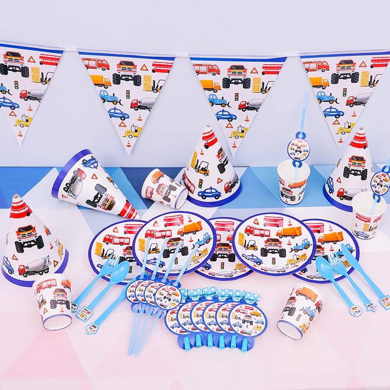 Child Birthday Placement Small Car Engineering Car Themed Package Disposable Cutlery Baby Birthday Party Decorations