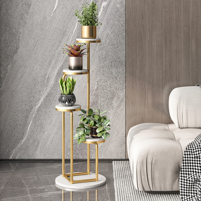 Italian light luxury indoor living room Floor-to-ceiling marble flower rack Balcony Simple multi-layer gold Ge Wrought iron flower pot rack