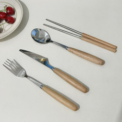 .Simple ins Korean cylindrical ໄມ້ handle chopsticks cutlery set stainless steel retro tableware ອາຫານເຊົ້າ