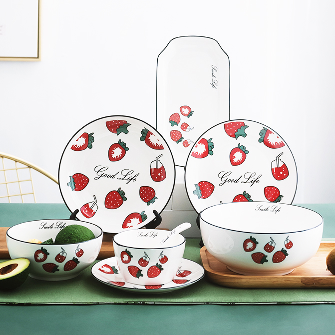 Japanese net red strawberry ceramic tableware household children's eating bowl instant noodle bowl salad bowl creative 8 inch large soup bowl