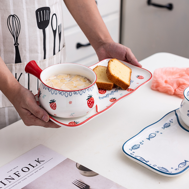 Japanese Breakfast Ceramic Tableware Household Dishes Cute One-person Food Set Oatmeal with Handle Dishes Children's Creative