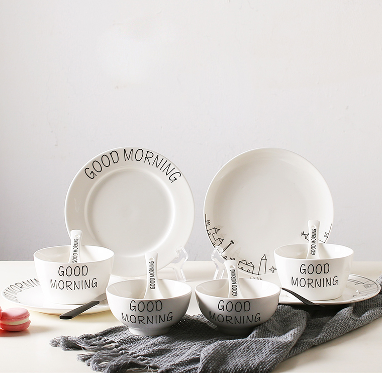 Simple style Good morning ceramic cutlery plate Bowl set bone china plate Western dinner plate breakfast plate snack plate