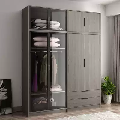 Wardrobe modern simple side glass door bedroom cloakroom combination storage cabinet Nordic economic assembly wardrobe