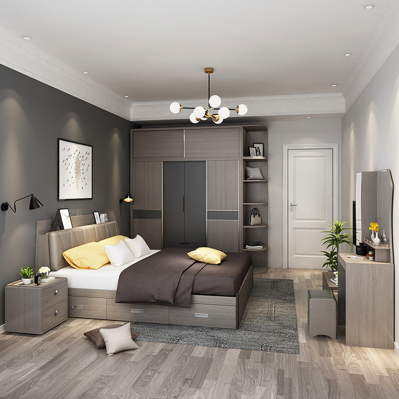 Modern minimalist bedroom suite furniture combination double bed wardrobe dresser bedside table Nordic six-piece assembly
