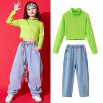 Girls  new hip-hop suit Hip-hop childrens performance tide umbilical top pants Korean childrens jazz dance suit tide