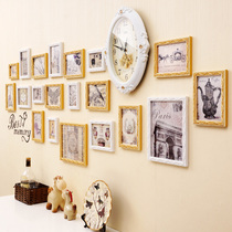 Simple solid wood photo wall Bedroom living room sofa background wall clock photo frame wall combination photo wall Good time]
