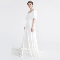 French vintage satin wedding dress light veil long-sleeved tail 2021 new bride thin bubble sleeve forest department super fairy