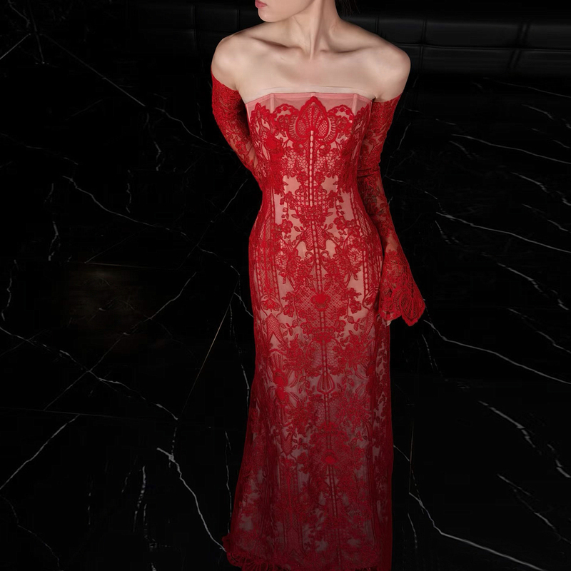 26 New Style Bridal Red Toast Dress, Vintage Lace Strapless Fishtail Engagement Evening Dress, Floor-Length Long-Sleeved Dress